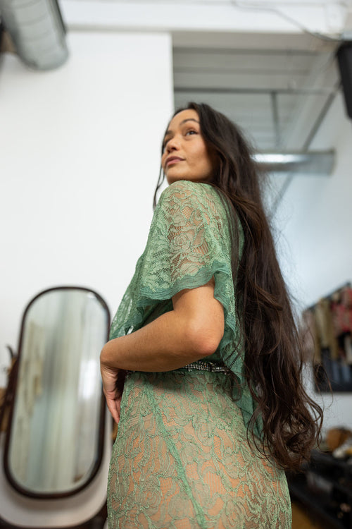 1930s Celadon Lace Capelet Gown