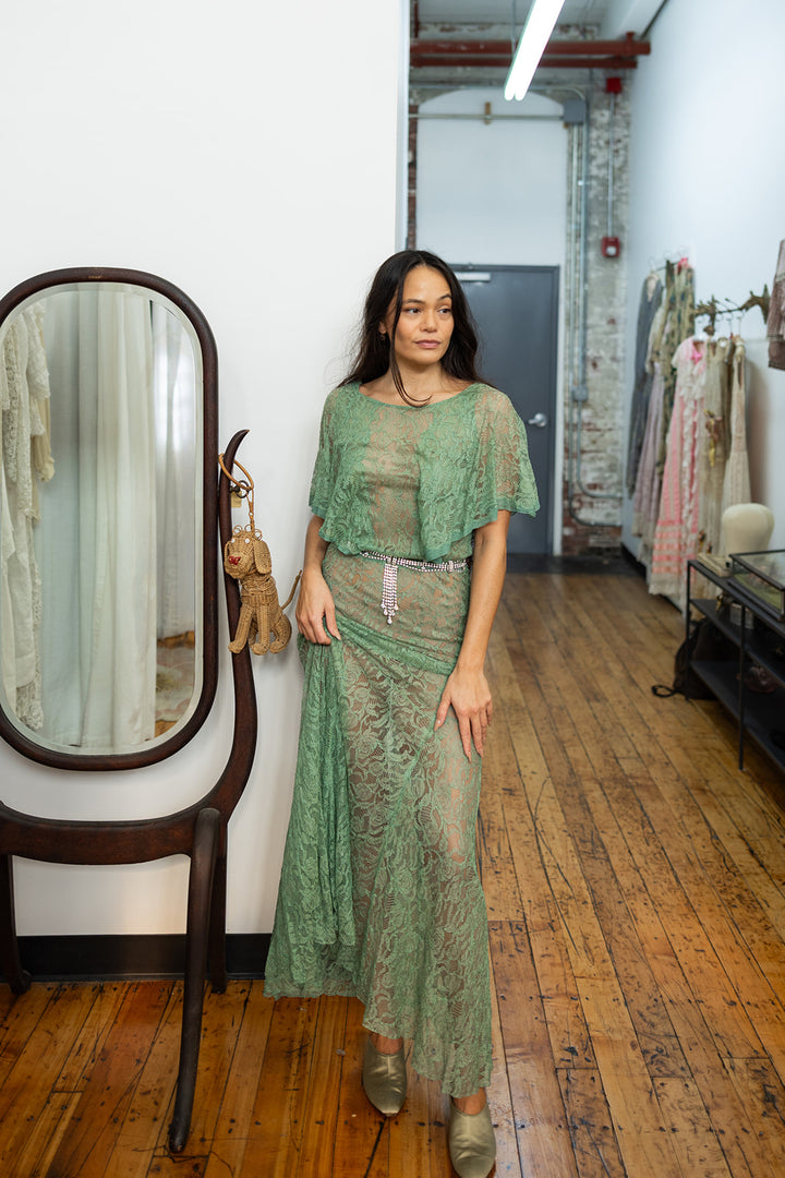 1930s Celadon Lace Capelet Gown