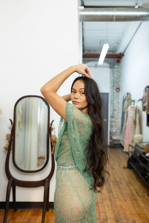 1930s Celadon Lace Capelet Gown