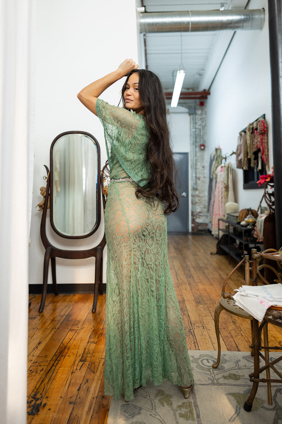 1930s Celadon Lace Capelet Gown