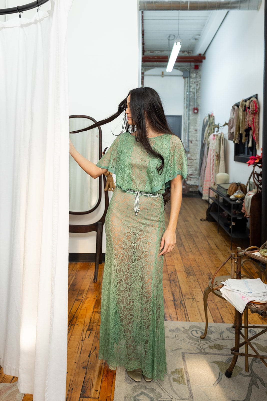 1930s Celadon Lace Capelet Gown