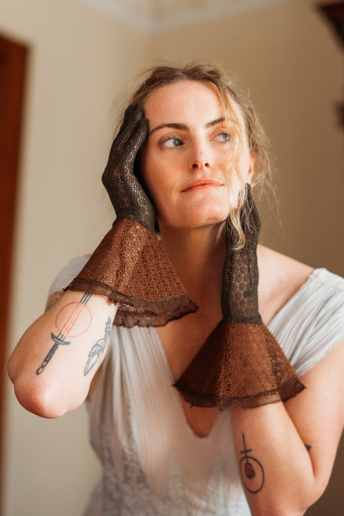 1930s Chocolate Mesh Sculptural Gauntlet Gloves