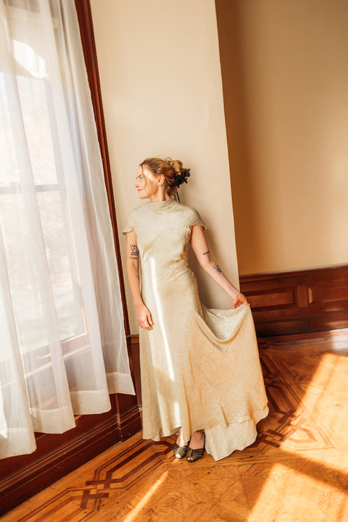 1930s Silver Lamé Cowl Back Trained Gown