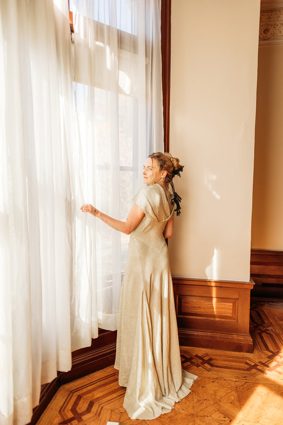 1930s Silver Lamé Cowl Back Trained Gown