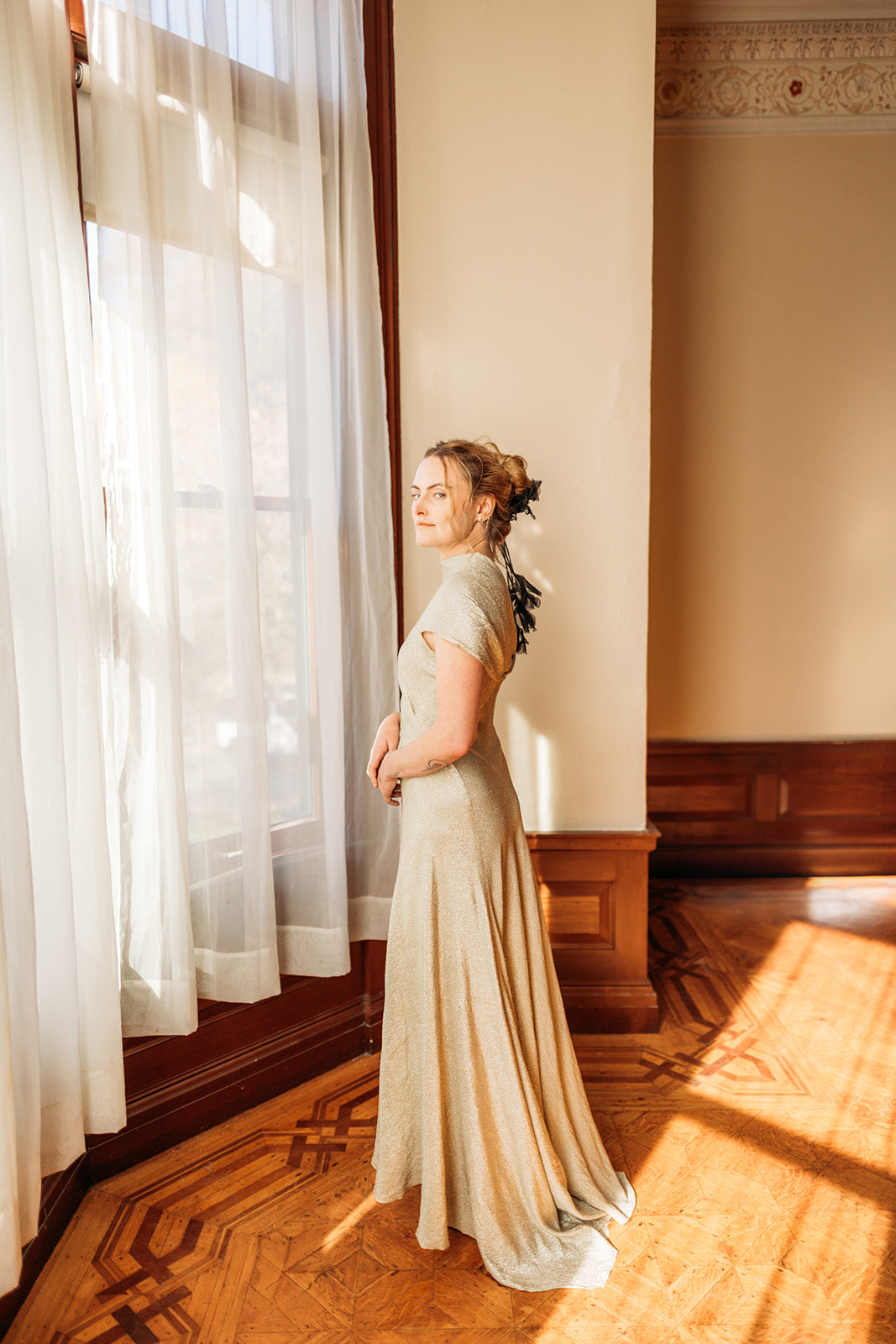 1930s Silver Lamé Cowl Back Trained Gown
