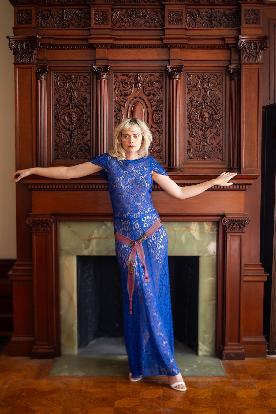 1930s Cobalt Lace Cowl Back Gown