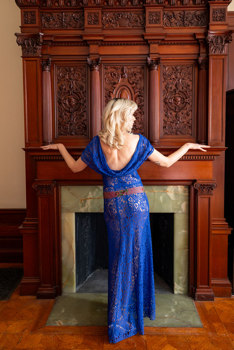 1930s Cobalt Lace Cowl Back Gown