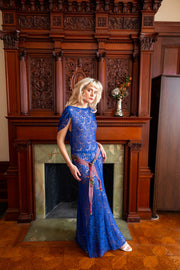 1930s Cobalt Lace Cowl Back Gown
