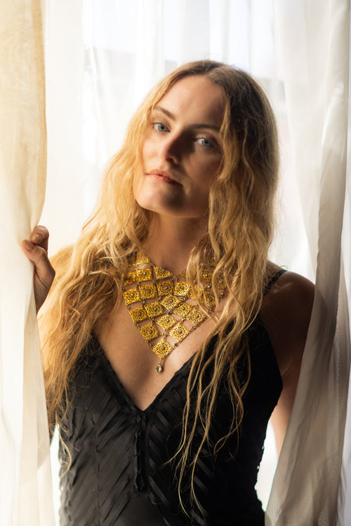 1940s Brass Filigree Rhinestone Bib Necklace