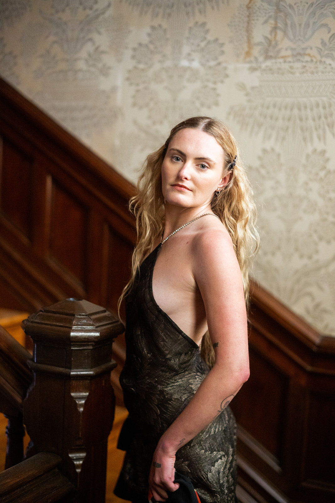 Demetra's Silver Lamé Diamanté Halter Gown