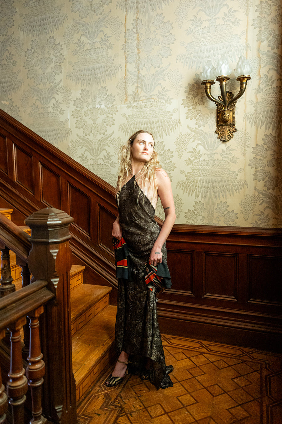 Demetra's Silver Lamé Diamanté Halter Gown